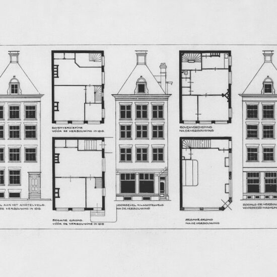 Titel: Verbouwing van een woonhuis. Beschrijving: gevel/plattegronden